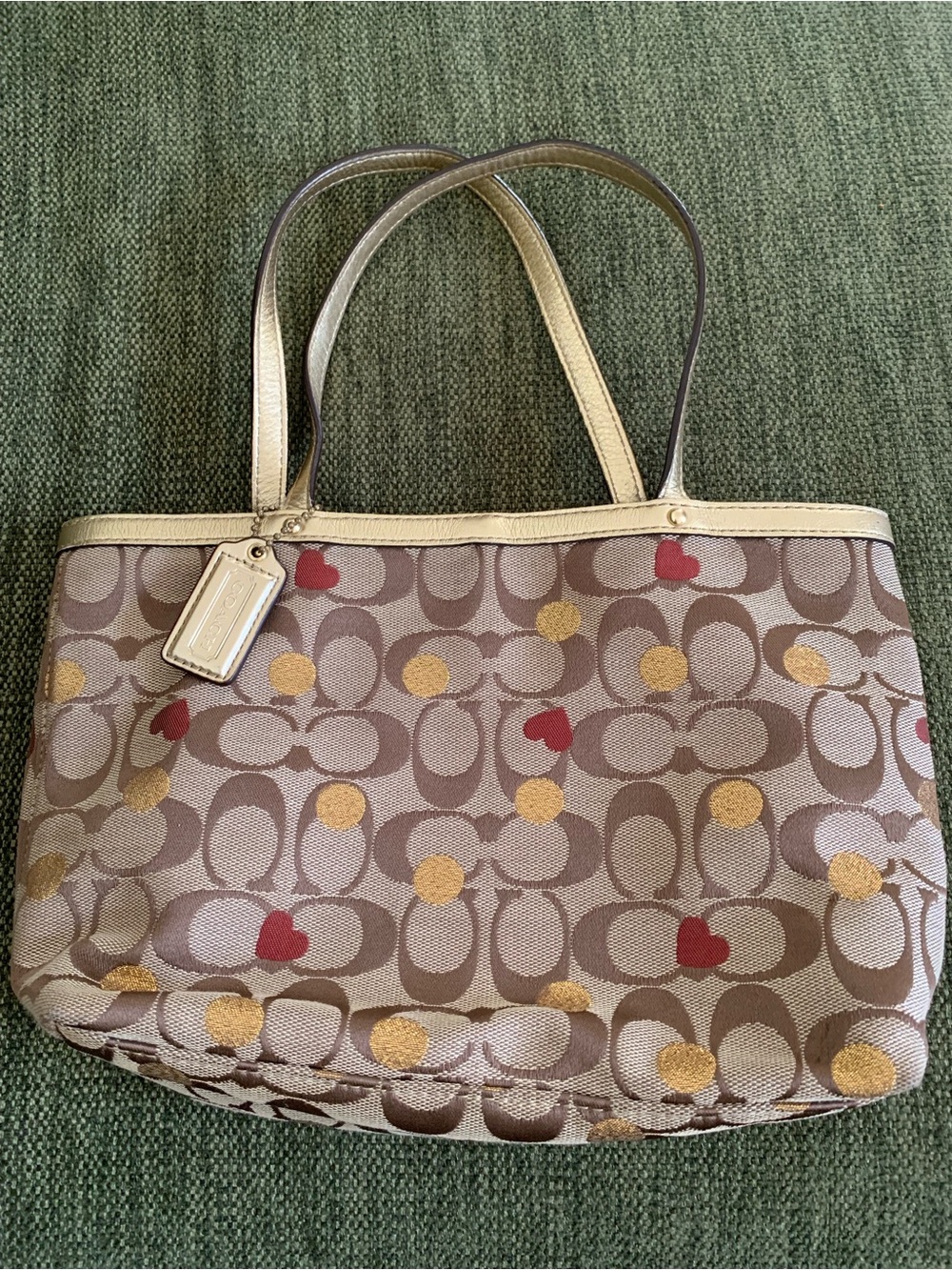 Coach Beige Signature Tote with Gold Dots and Red Hearts